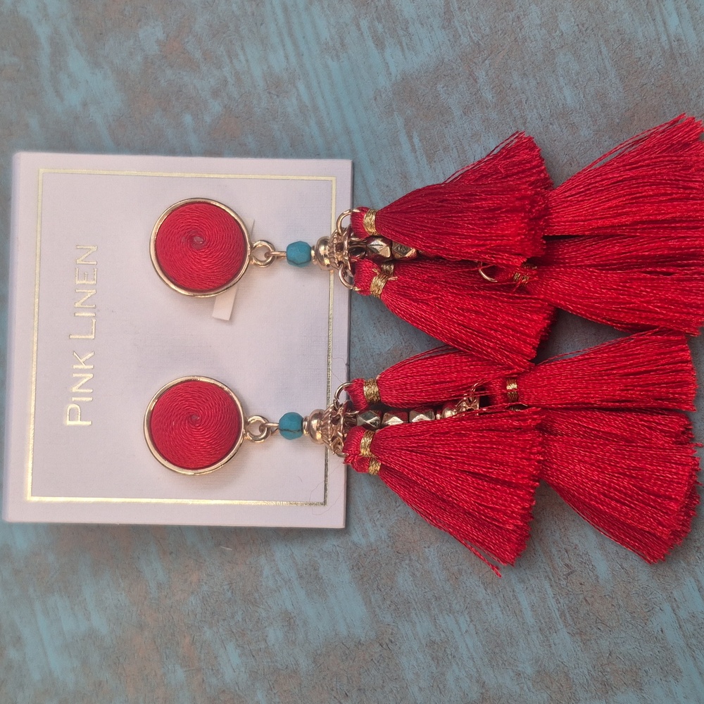 Pink Linen Red Tassel Earrings
